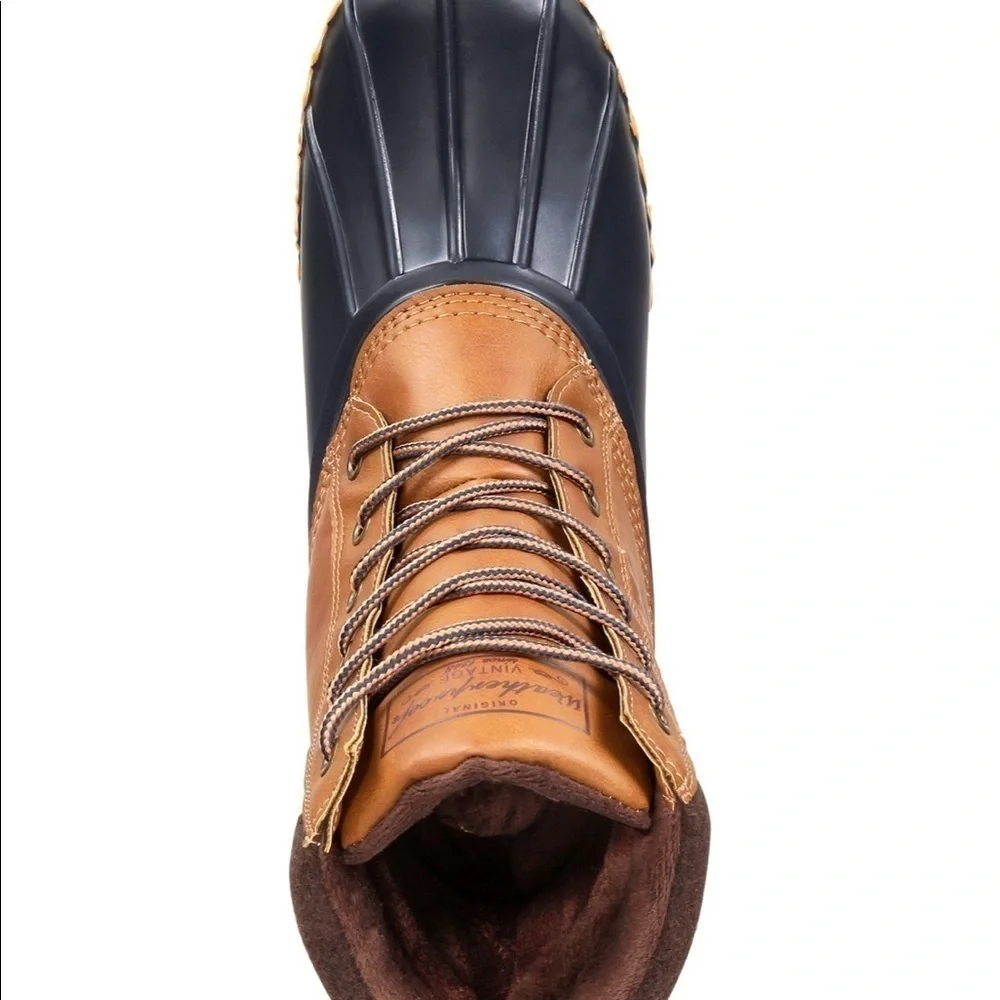 Waterproof Adam Duck Boots Tan leather, blue rubber on bottom Men’s Size 8 NWOT